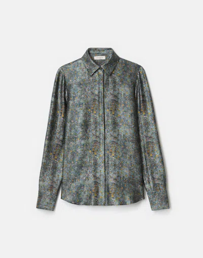 Lafayette 148 Textile Print Textured Silk Button Blouse In Gray