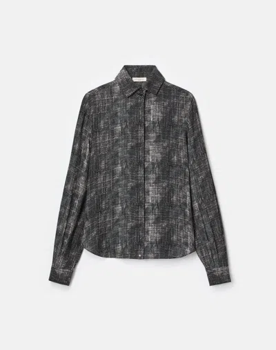 Lafayette 148 Diffused Houndstooth Print Silk Chiffon Blouse In Gray