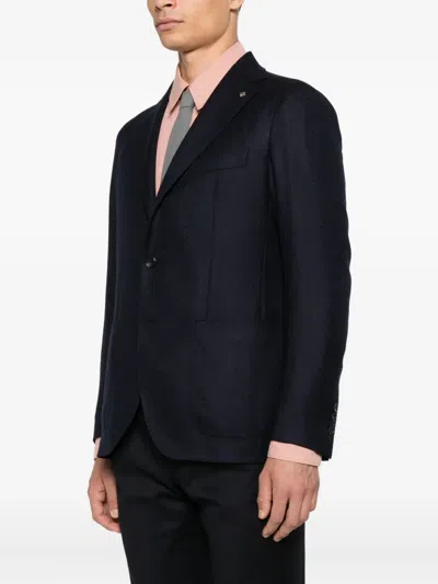 Tagliatore Navy Blue Single-breasted Wool And Cashmere Jacket In Black