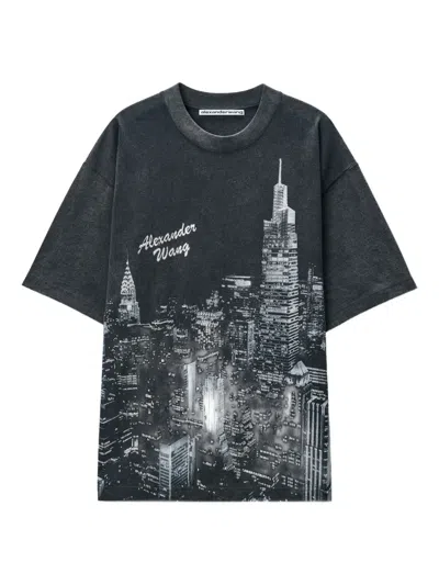 Alexander Wang Black Ny Skyline Crystal Hotfix T-shirt In Gray