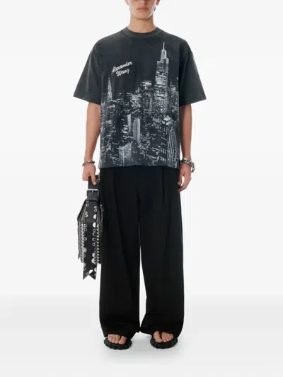 Alexander Wang Black Ny Skyline Crystal Hotfix T-shirt In Gray