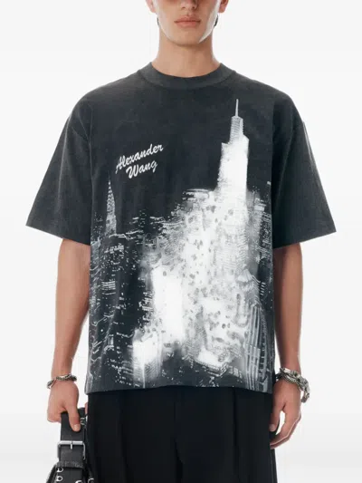 Alexander Wang Black Ny Skyline Crystal Hotfix T-shirt In Gray