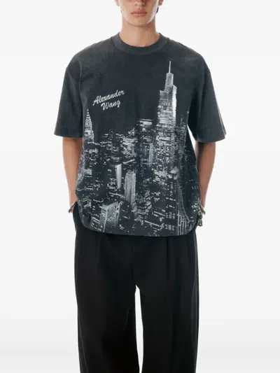Alexander Wang Black Ny Skyline Crystal Hotfix T-shirt In Gray
