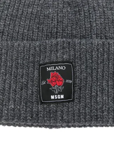 Msgm Rose-patch Ribbed Beanie Accessories In Gray