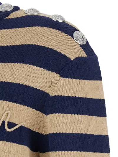 Balmain Striped Sweater With Logo Embroidery In Multi