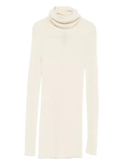 Rick Owens Ribbed Wool Turtleneck Sweater With Seam Detail In White