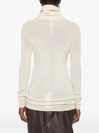 Rick Owens Ribbed Wool Turtleneck Sweater With Seam Detail In White
