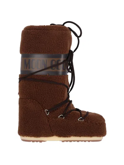 Moon Boot Icon Faux Leather-trimmed Fleece Snow Boots In Brown