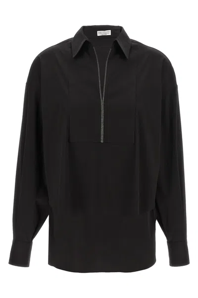 Brunello Cucinelli Collared V-neck Shirt Front Placket Detail In Black