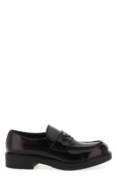 Prada Triangle Logo Chocolate Brushed Leather Loafers In Black