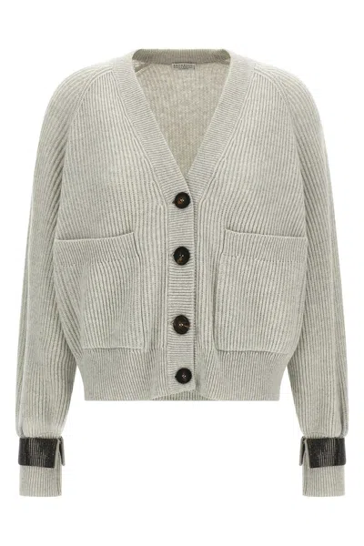 Brunello Cucinelli Ribbed Texture Cardigan Cuff Detail In Gray