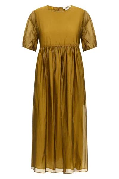 Max Mara Sheer Overlay Gathered Waist Dress In Yellow