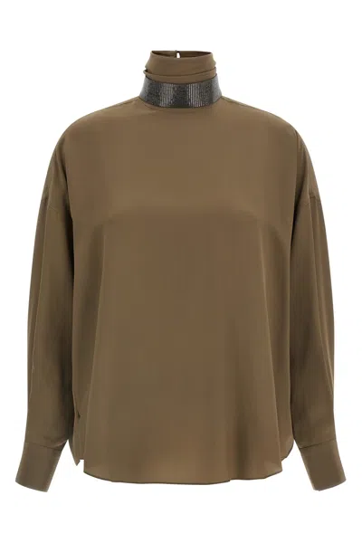 Brunello Cucinelli Silk Blouse With High Collar And Keyhole Back In Brown
