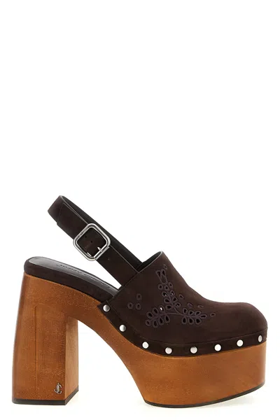 Jimmy Choo Alida 135 Embroidered Studded Suede Platform Clogs In Brown