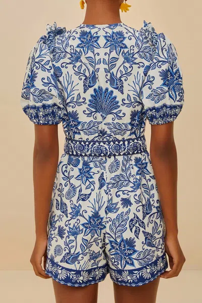 Farm Rio Shell Garden V-neckline Romper In Off-white In Blue
