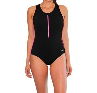 Dolfin Color Block Zip Front One Piece In Black/pink In Black