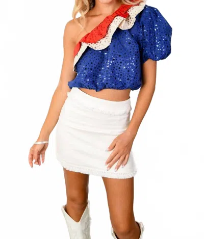 Queen Of Sparkles Off The Shoulder Ruffle Top In Red/white/blue In Blue