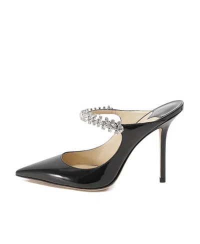 Jimmy Choo Bing 100 Black Patent Leather Clog With Crystal Strap In Black