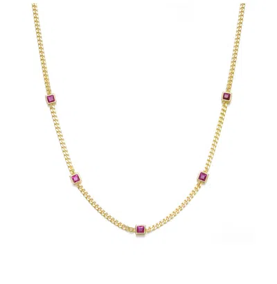 Rachel Glauber 14k Gold Plated With Ruby Red Cubic Zirconia Square Accents Chain Necklace In Gold