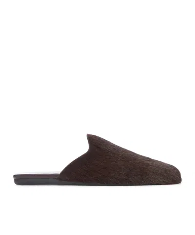 Prada Fur Leather Mules In Brown