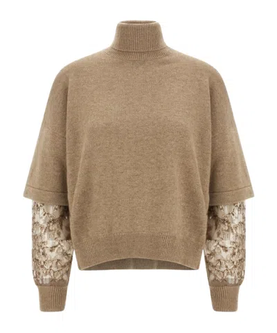 Brunello Cucinelli Cashmere Turtleneck Sweater With Sheer Sequined Sleeves In Brown