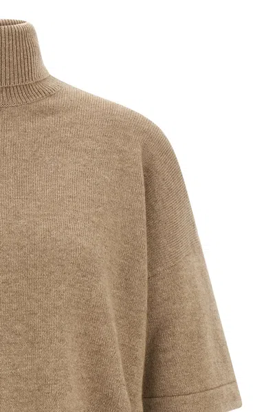 Brunello Cucinelli Cashmere Turtleneck Sweater With Sheer Sequined Sleeves In Brown