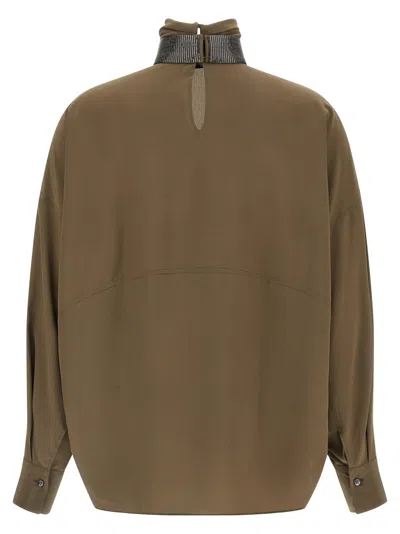 Brunello Cucinelli Silk Blouse With High Collar And Keyhole Back In Brown