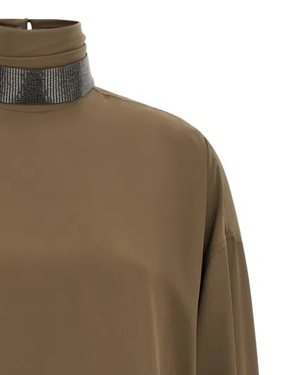 Brunello Cucinelli Silk Blouse With High Collar And Keyhole Back In Brown