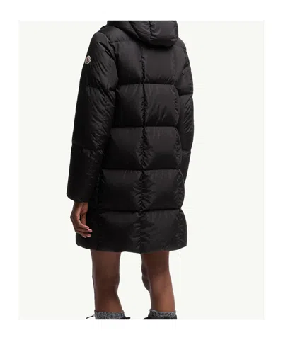 Moncler Litte Square-quilted Hooded Long Down Jacket In Black