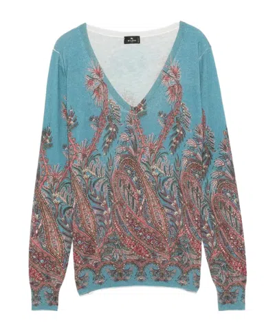 Etro Midnight Dream Printed V-neck Sweater In Multi