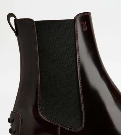 Tod's Leather Chelsea Boots Chunky Heel Pull Tab In Burgundy