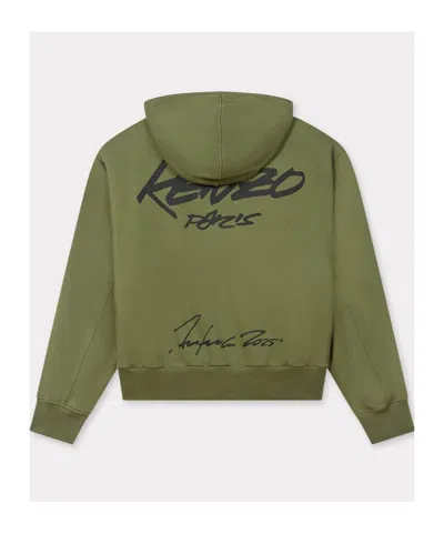 Kenzo Zip-up Hoodie With Front Pockets And Graphic Print In Green