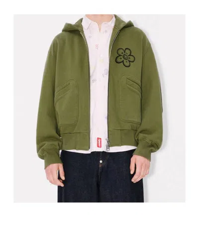 Kenzo Zip-up Hoodie With Front Pockets And Graphic Print In Green