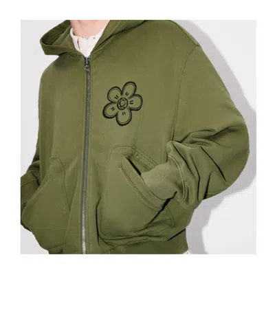 Kenzo Zip-up Hoodie With Front Pockets And Graphic Print In Green