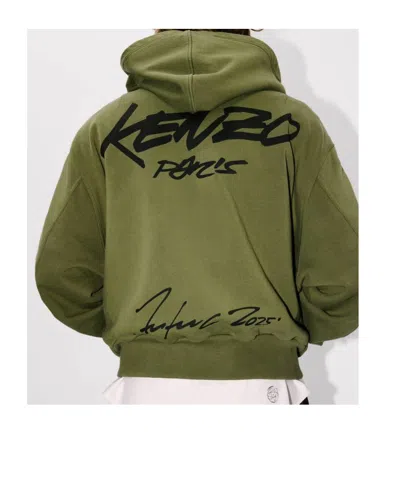 Kenzo Zip-up Hoodie With Front Pockets And Graphic Print In Green