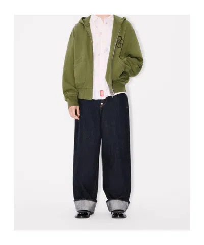 Kenzo Zip-up Hoodie With Front Pockets And Graphic Print In Green