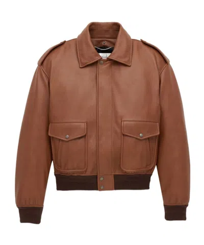 Saint Laurent Bomber Jacket In Grained Leather And Shearling In Brown