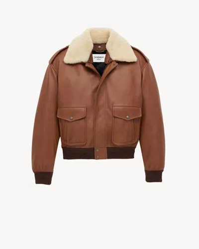Saint Laurent Bomber Jacket In Grained Leather And Shearling In Brown