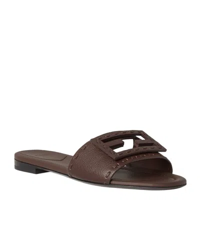 Fendi Flat Sole Open Toe Textured Strap Slides In Brown