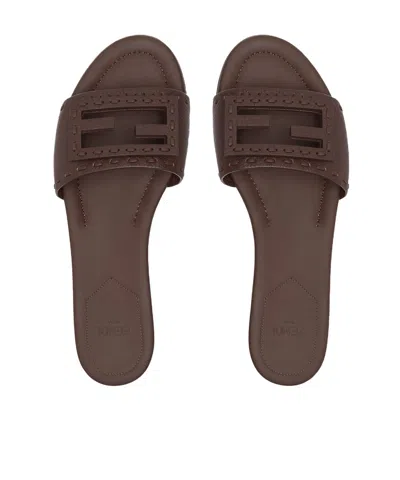 Fendi Flat Sole Open Toe Textured Strap Slides In Brown