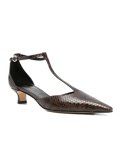 Aeyde Liz Snake Print Calf Leather Moka Shoes In Brown