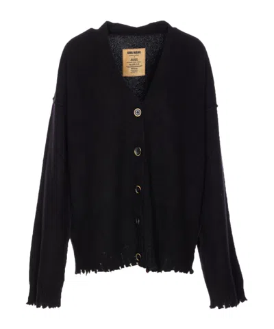 Uma Wang Frayed Hem V-neck Over Cardigan Knitwear In Black