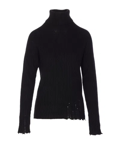 Uma Wang Knitwear Turtleneck Ribbed Distressed Hem Long Sleeves In Black