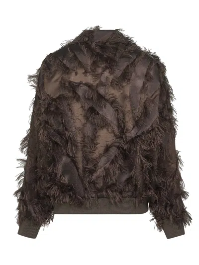 Brunello Cucinelli Brown Dracaena Fil Coupé Shiny Zipper Pull Bomber Jacket In Brown