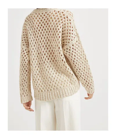 Brunello Cucinelli Sequined Open-knit Silk Sweater In Neutral
