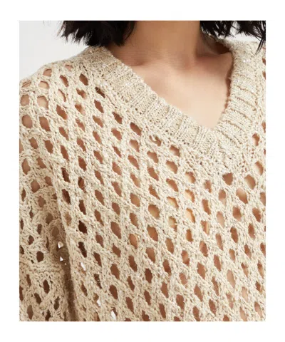 Brunello Cucinelli Sequined Open-knit Silk Sweater In Neutral