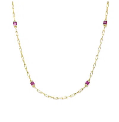 Rachel Glauber 14k Gold Plated With Ruby Red Cubic Zirconia Square Accents Chain Necklace In Gold