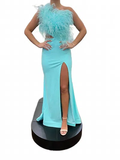 Ava Presley One Shouldered Feathered Gown With High Slit In Aqua In Blue