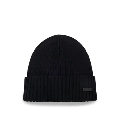 Hugo Boss Ribbed Beanie Hat In Responsible Virgin Wool In Black