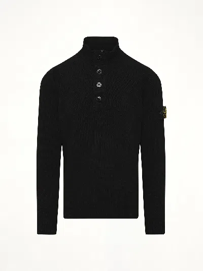 Stone Island High Collar Pullover With Buttoned Placket And Logo Patch In Black